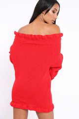 Red Knitted Bardot Jumper Dress with Elasticated hems - Kirsty
