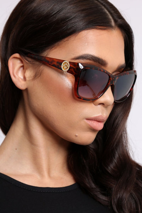 Brown Embellished Arm  Cat Eye Sunglasses - Kitti