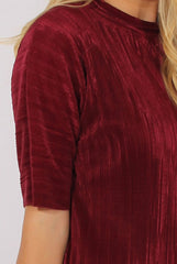Wine Metallic Pleated Short Sleeve Midi Dress - Kitty