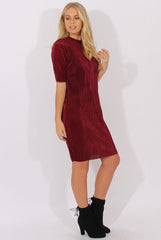 Wine Metallic Pleated Short Sleeve Midi Dress - Kitty