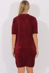 Wine Metallic Pleated Short Sleeve Midi Dress - Kitty