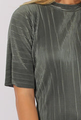 Khaki Metallic Pleated Short Sleeve Midi Dress - Kitty