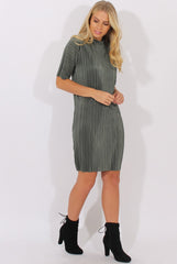Khaki Metallic Pleated Short Sleeve Midi Dress - Kitty