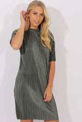 Khaki Metallic Pleated Short Sleeve Midi Dress - Kitty