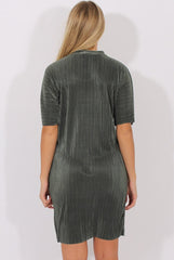 Khaki Metallic Pleated Short Sleeve Midi Dress - Kitty
