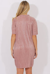 Mauve Metallic Pleated Short Sleeve Midi Dress - Kitty