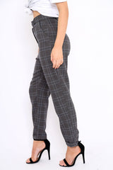 Grey Tartan Ring Belted Tapered Trousers - Klara