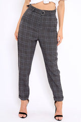 Grey Tartan Ring Belted Tapered Trousers - Klara