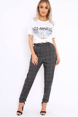 Grey Tartan Ring Belted Tapered Trousers - Klara