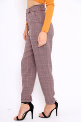 Wine Tartan Ring Belted Tapered Trousers - Klara