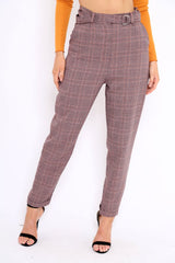 Wine Tartan Ring Belted Tapered Trousers - Klara