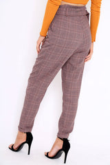 Wine Tartan Ring Belted Tapered Trousers - Klara