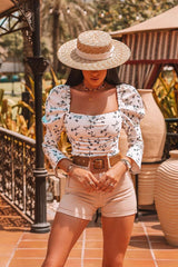 White Black Floral Puff Sleeve Zip Back Crop Top - Carie