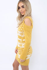 Mustard Christmas Print Jumper Dress - Kleo