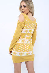 Mustard Christmas Print Jumper Dress - Kleo