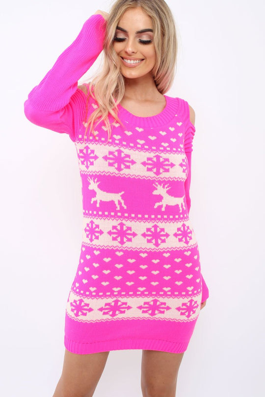 Pink Christmas Print Jumper Dress - Kleo