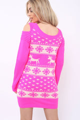 Pink Christmas Print Jumper Dress - Kleo
