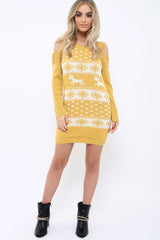 Mustard Christmas Print Jumper Dress - Kleo