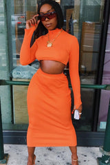 Orange Rib Knitted Midi Skirt - Kloey