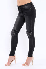 Black Embellished Knees Denim Jeans - Kadi