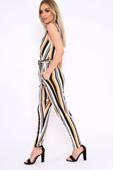 Mustard White and Black Stripe Plunge Jumpsuit - Koen