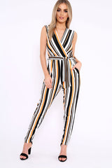 Mustard White and Black Stripe Plunge Jumpsuit - Koen