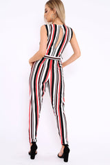 Red White and Black Stripe Plunge Jumpsuit - Koen