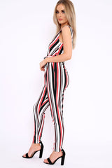 Red White and Black Stripe Plunge Jumpsuit - Koen
