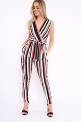 Red White and Black Stripe Plunge Jumpsuit - Koen