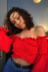 Red Shirred Wrap Over Bardot Crop Top - Zuri