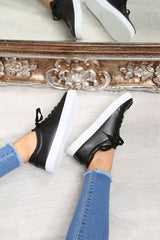 Black Faux Leather Floral Trainers - Kory
