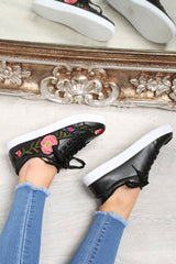 Black Faux Leather Floral Trainers - Kory