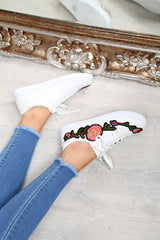 White Faux Leather Floral Trainers - Kory