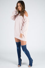Pink Cold Shoulder Distressed Jumper Dress - Kylie