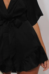 Black Satin Plunge Flared Sleeve Tied Waist Playsuit - Crystal