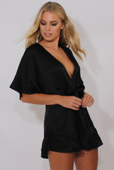 Black Satin Plunge Flared Sleeve Tied Waist Playsuit - Crystal