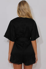 Black Satin Plunge Flared Sleeve Tied Waist Playsuit - Crystal