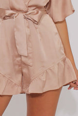 Champagne Satin Plunge Flared Sleeve Tied Waist Playsuit - Crystal