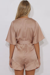 Champagne Satin Plunge Flared Sleeve Tied Waist Playsuit - Crystal
