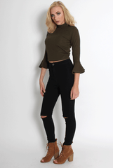 Iris Khaki Bell Sleeve Turtle Neck Top