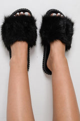 Black Faux Fur Sliders  -Kyari