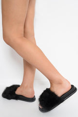 Black Faux Fur Sliders  -Kyari