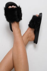 Black Faux Fur Sliders  -Kyari