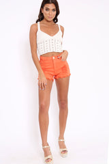 Orange Coloured Distressed Denim Shorts - Khiya