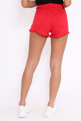Red Coloured Distressed Denim Shorts - Khiya