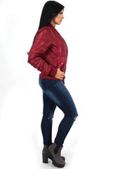 Kylie Wine Zip Front Bomber Jacket
