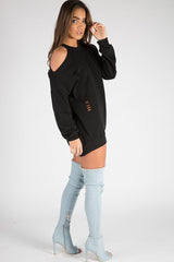 Black Cold Shoulder Distressed Jumper Dress - Kylie