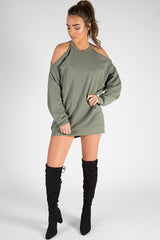 Khaki Cold Shoulder Distressed Jumper Dress - Kylie