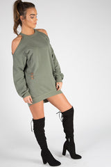 Khaki Cold Shoulder Distressed Jumper Dress - Kylie