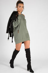 Khaki Cold Shoulder Distressed Jumper Dress - Kylie